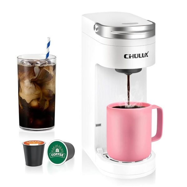 CHULUX Slim Single Serve Coffee Maker for K Cup Pods, One Cup Coffee Maker Fits 7.3" Travel Mugs, Coffee Machine with 6 to 12oz Brew Sizes, White